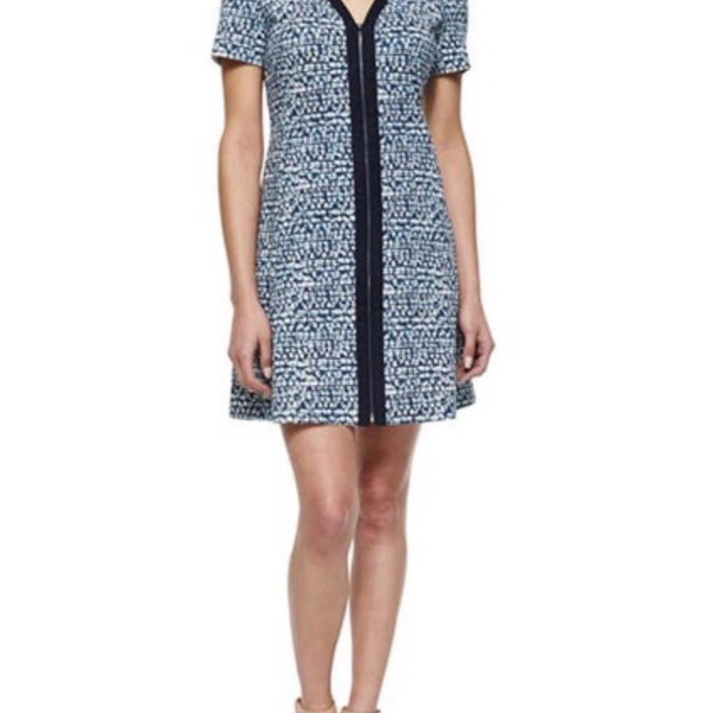 NWOT Tory Burch Geometric Print Zip Front Ponte Dress in navy and white